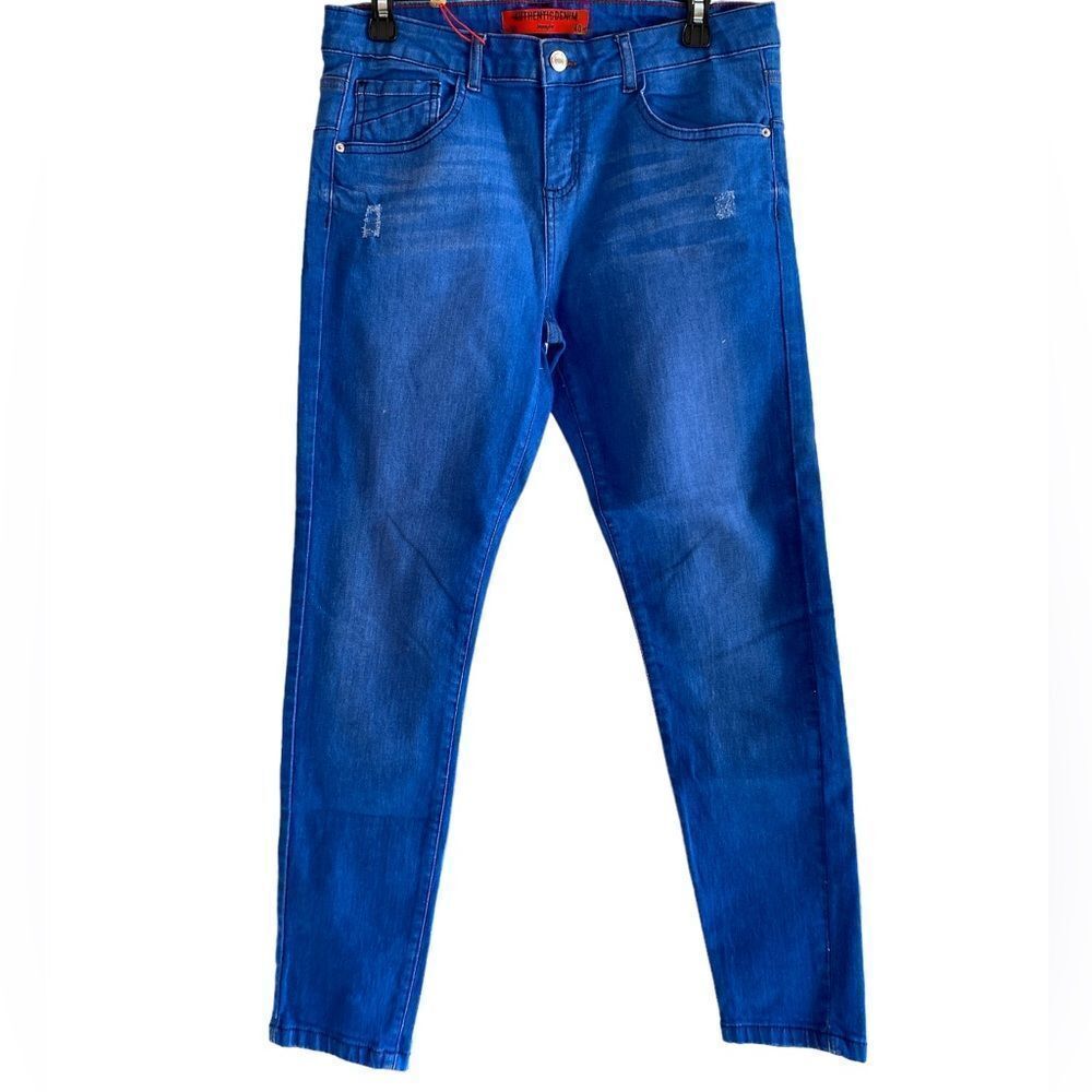 Jennifer AUTHENTIC DENIM blue wash pockets zipper snap inseam 21 inch stretchy
